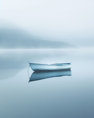 An ethereal image capturing a boat gently floating on a foggy lake, creating a sense of calm and mystery