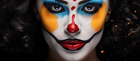 A close-up shot of a woman with intricate clown makeup, featuring exaggerated features, bright colors, and exaggerated facial expressions. The makeup is reminiscent of Halloween and circus clowns.