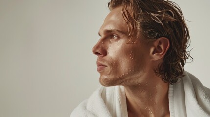 A man with wet hair and a towel wrapped around his neck looking off to the side with a contemplative expression.