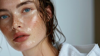 A close-up of a woman's face with a glossy complexion rosy cheeks and a hint of freckles her eyes looking directly at the camera with a soft expression wearing a white garment  - obrazy, fototapety, plakaty