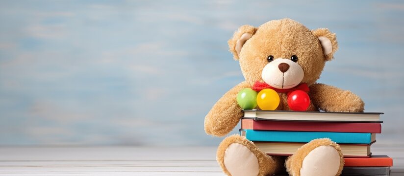 Teddy bear soft toy placed on a stack of colorful books in a child's bedroom setting