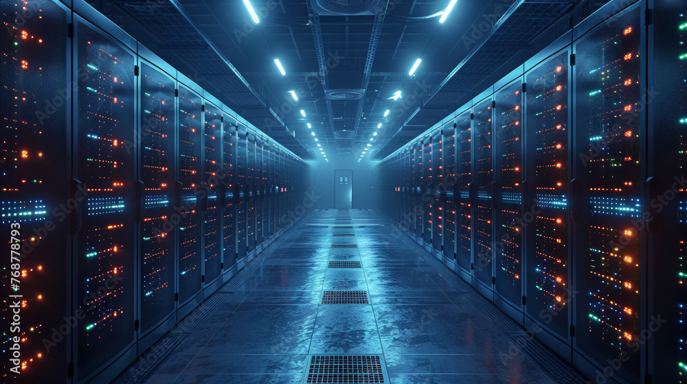 Poster A data center with rows of virtual machines, Computer networking server room in office