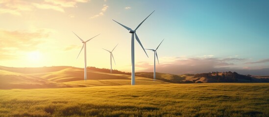 Renewable energy production with wind turbines rotating in the evening sunlight on an open field, promoting sustainability and environmental conservation
