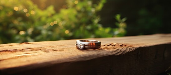 A gold wedding ring is delicately placed on a weathered wooden bench, basking in the warm sunlight - obrazy, fototapety, plakaty