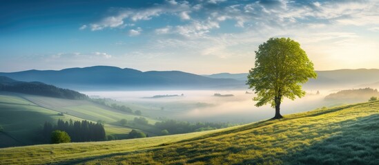 Solitary tree positioned on a green hill overlooking a misty valley in the serene countryside landscape of Carpathian Mountains at sunrise. - obrazy, fototapety, plakaty
