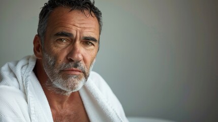 A man with a beard and mustache wearing a white towel looking contemplative.
