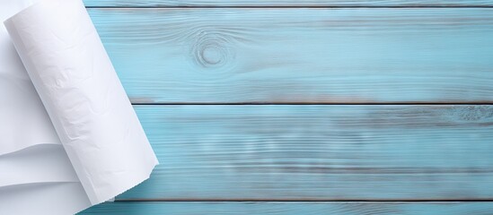 A roll of toilet paper placed on a vibrant blue wooden table surface, creating a simple and clean image