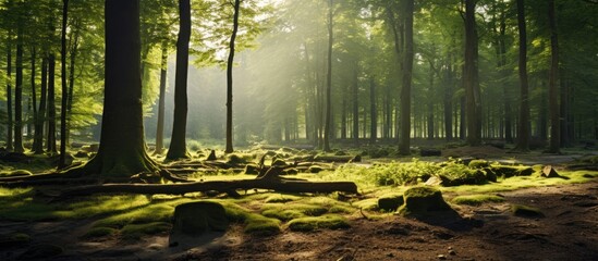 Shafts of sunlight pierce through a lush forest filled with beech trees, casting a warm glow on the fern-covered ground - obrazy, fototapety, plakaty