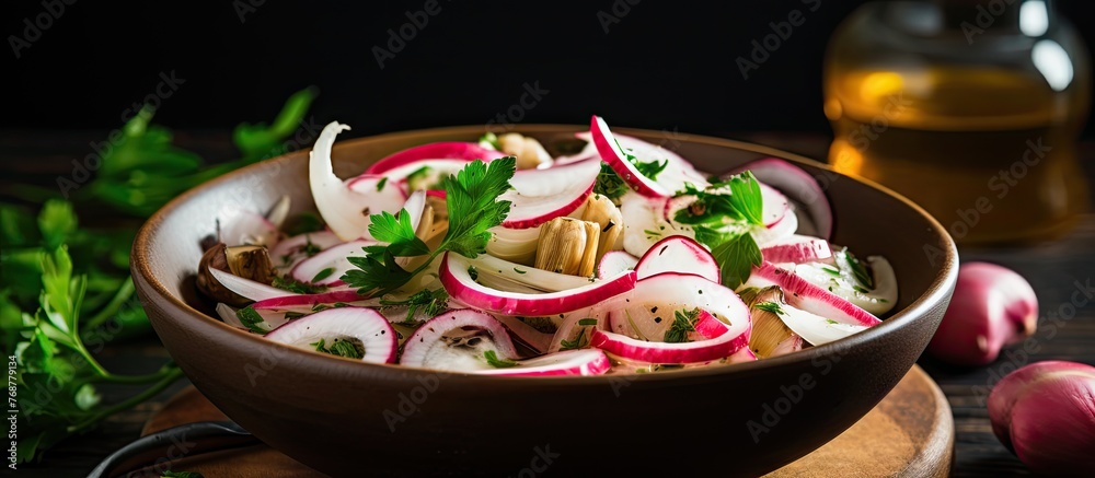 Poster a detailed view of a ceramic bowl filled with fresh radishes and sliced white onions on a wooden tab