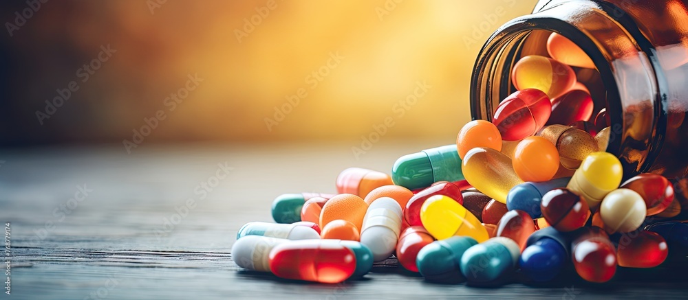 Poster a close up image of a bottle with pills spilling out, showing selective focus on various medicines a