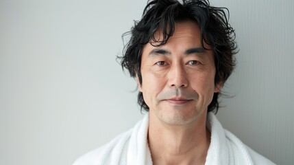 A man with dark hair wearing a white robe smiling slightly with a relaxed expression against a neutral background.
