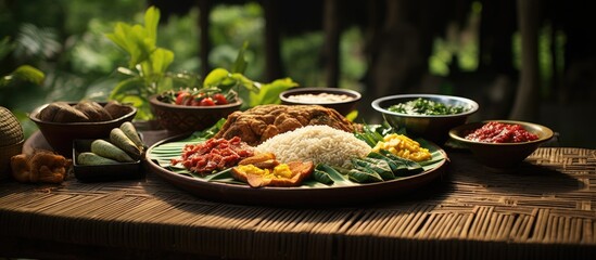 A traditional Sundanese village meal comprising a variety of dishes arranged on a table, with bowls...