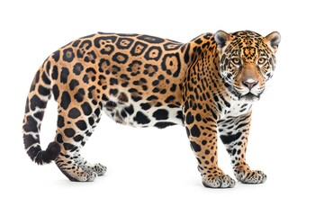 Jaguar Panthera onca solitary against a white backdrop. Generative Ai