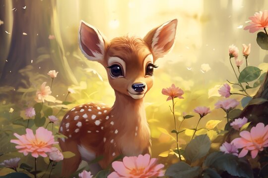a cartoon of a baby deer in a flower garden