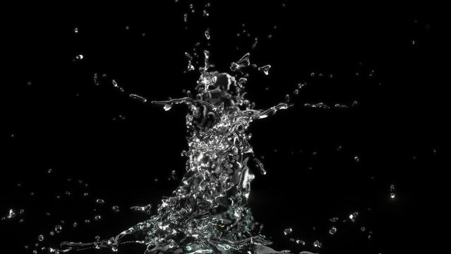Closeup Slow motion Water splash from back side for product isolate on black background. 3D animation.