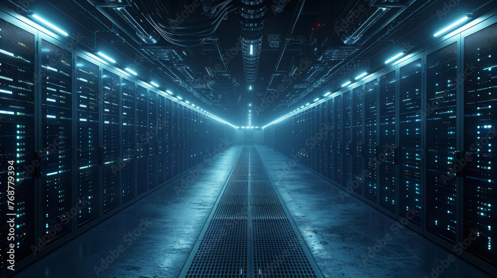 Poster a data center with rows of virtual machines, computer networking server room in office