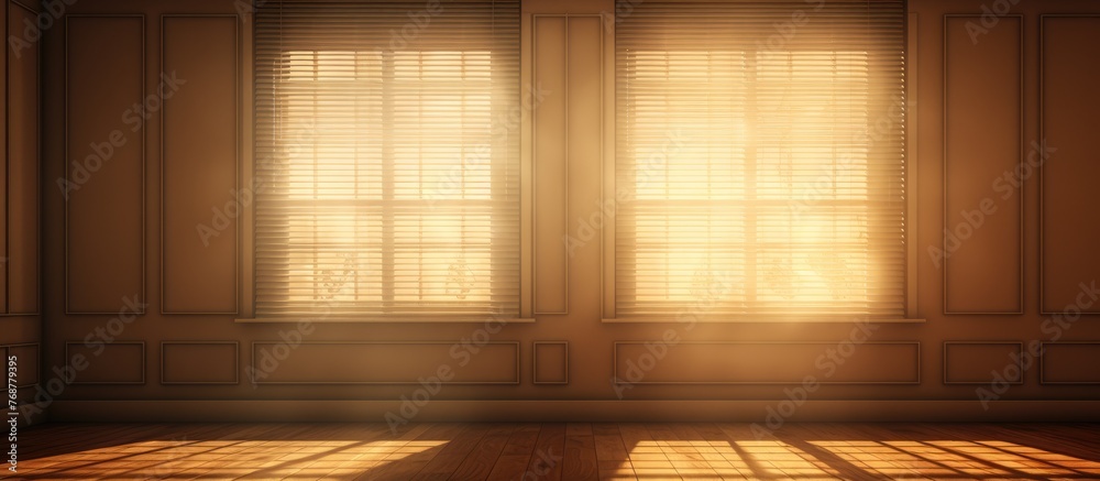 Poster Sunlight is pouring in through the windows of an empty room, illuminating the space with a warm glow
