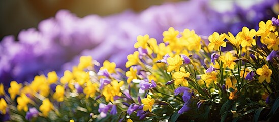Vibrant purple and yellow flowers bloom abundantly in a picturesque field during the spring season,...