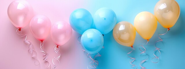 festive atmosphere with a split background adorned with an arch of pastel balloons in shades of blush pink, baby blue, and buttercream yellow. - obrazy, fototapety, plakaty