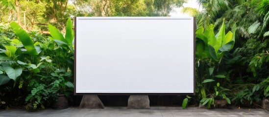 A blank white screen positioned in a lush green outdoor garden with colorful flowers and plants