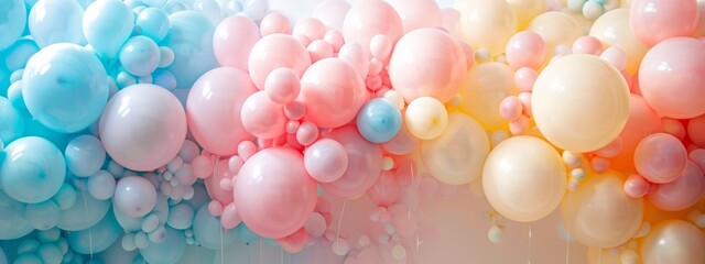 festive atmosphere with a split background adorned with an arch of pastel balloons in shades of blush pink, baby blue, and buttercream yellow. - obrazy, fototapety, plakaty