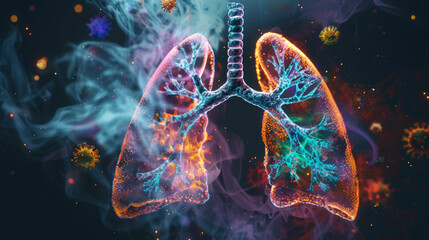  A closeup of human lungs glowing , Harmful cigarette smoke can damage the lungs and cause disease - obrazy, fototapety, plakaty