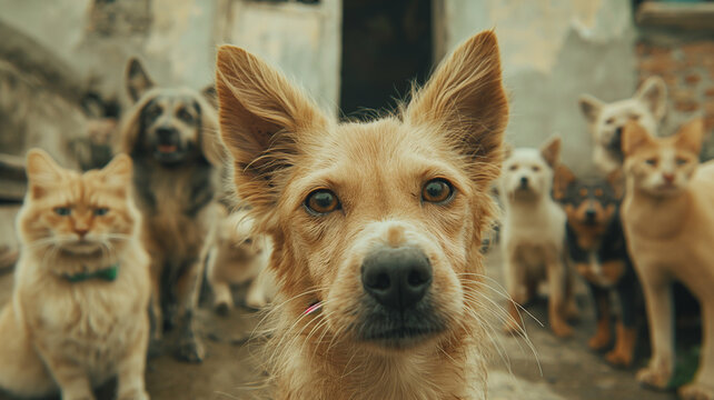 Stray and feral cats and dogs. Homeless animals living in a group on the street. Concept: animal shelter, help for stray, animals. Adopt, not buy