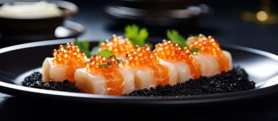 A plate of assorted seafood and fish dishes, including roasted cod roe and a generous amount of caviar, creating a lavish and indulgent meal for seafood lovers - obrazy, fototapety, plakaty