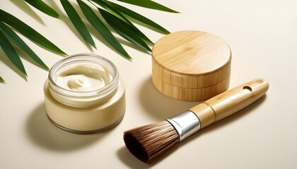 A close-up shot of a bamboo brush with soft bristles resting on a wooden surface, next to a jar filled with a smooth, creamy substance.