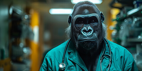 Intelligent Gorilla Doctor Poses for a Futuristic Hospital Banner