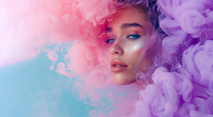 A woman is wearing a pink dress and is surrounded by smoke. Young woman surrounded by a purple pink cloud of smoke on isolated pastel blue background. Abstract fashion concept. portrait of top model
