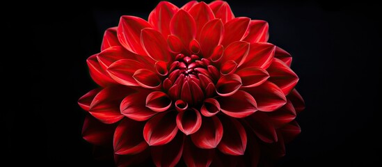 Vivid dahlia bloom in red shade photographed in isolation against a deep black background in a close-up view - obrazy, fototapety, plakaty