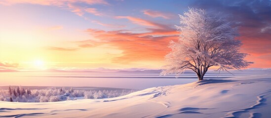 Standing amidst a serene winter landscape, a lone tree is silhouetted on a snow-covered hill under the warm hues of the setting sun - Powered by Adobe