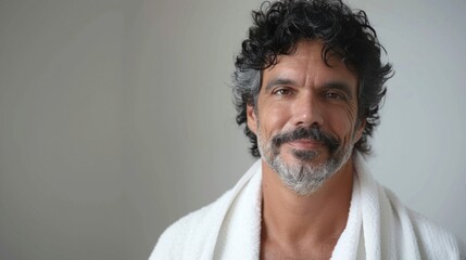 Fototapeta premium A man with curly hair and a beard wearing a white robe smiling at the camera.