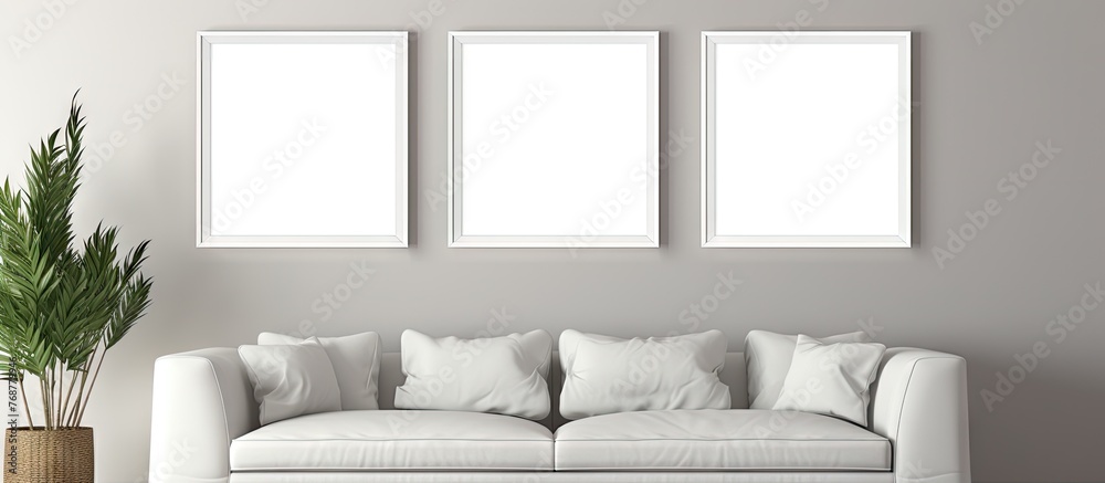 Poster a close up of a comfortable couch adorned with pillows and a vibrant plant in a cozy room setting