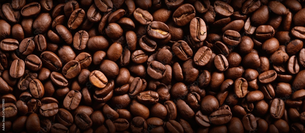 Poster detailed view of small roasted coffee beans, showcasing their rich brown color and texture, perfect 