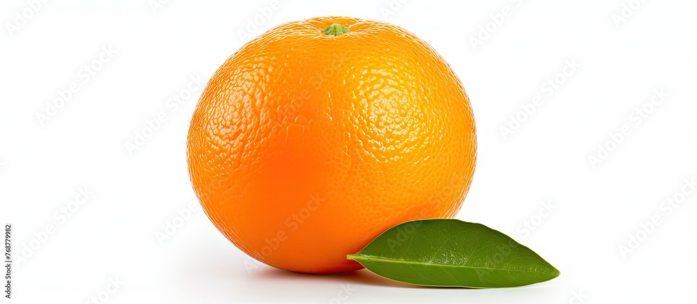Poster a fresh organic orange fruit with a leaf, isolated on a white background. close-up image with clippi