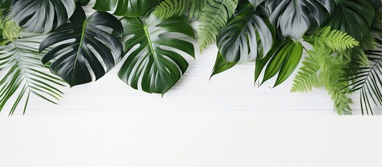 Various lush green leaves displayed on a clean white wall in a botanical-themed setting - obrazy, fototapety, plakaty