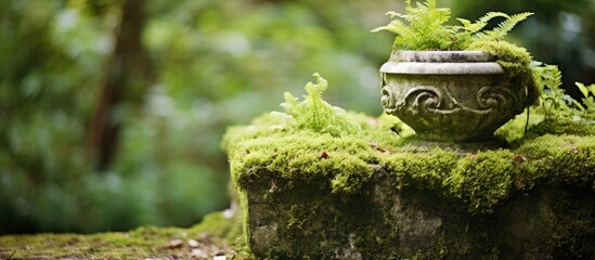 An old stone urn covered in green moss houses a succulent plant in a charming country garden in rural Devon, England, UK