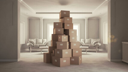 Moving. A pile of cardboard boxes in an empty room