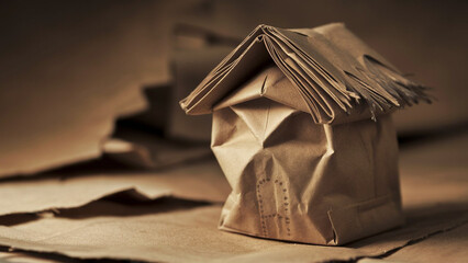 An image of a box of folded brown paper bags up close