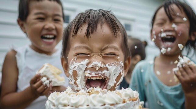Three children joyfully eating cake with white frosting laughing and making a mess celebrating a birthday or special occasion.