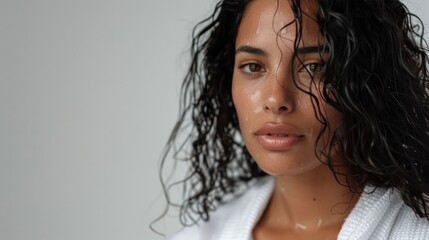 A close-up of a woman with wet curly hair wearing a white garment with a soft glowing complexion and a gentle expression. - obrazy, fototapety, plakaty
