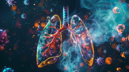  A closeup of human lungs glowing , Harmful cigarette smoke can damage the lungs and cause disease