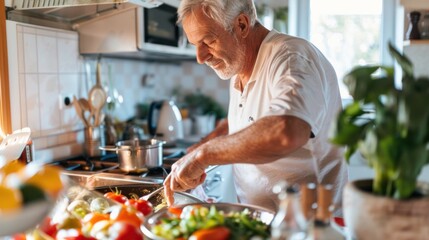 An elderly man in a white shirt with a beard and gray hair is in a kitchen preparing a meal with fresh vegetables on a counter surrounded by plants and kitchen appliances. - obrazy, fototapety, plakaty