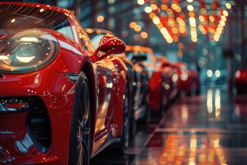 Cars are on display in a lavish showroom that has lighting. Generative Ai