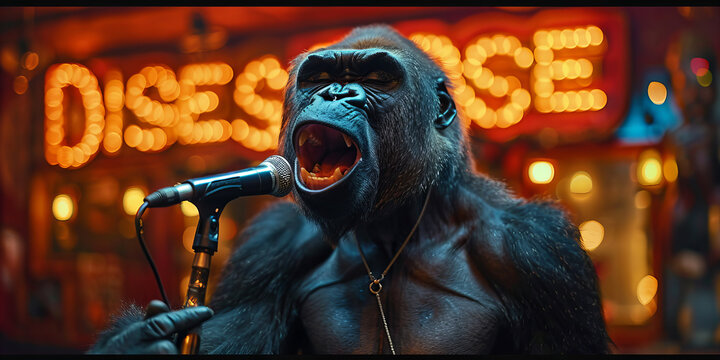 Captivating Performance by a Singing Gorilla on Vibrant Neon Stage Banner