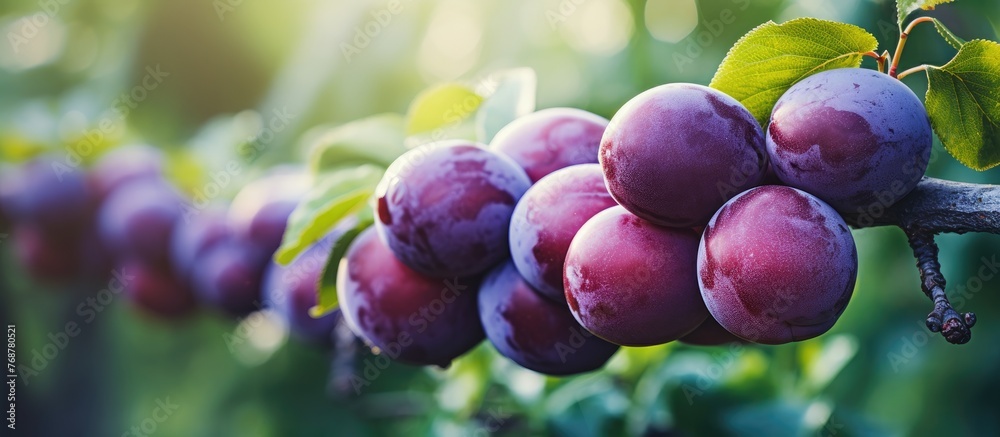 Poster multiple ripe plums with a vibrant color hanging on a tree branch in the farmer's harvest