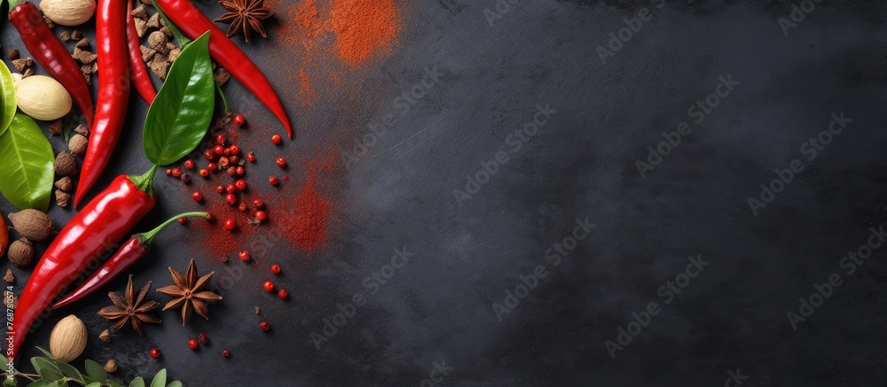 Aufkleber assorted spices and herbs like basil, cumin, and turmeric are arranged on a black background, creati