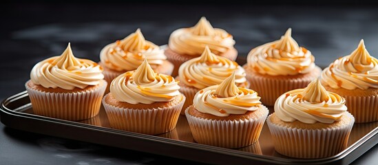 A variety of delicious cupcakes with colorful frosting arranged neatly on a serving tray, ready to be enjoyed